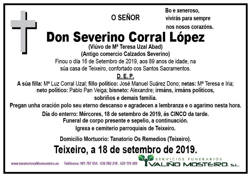 Esquela de Severino Corral López.